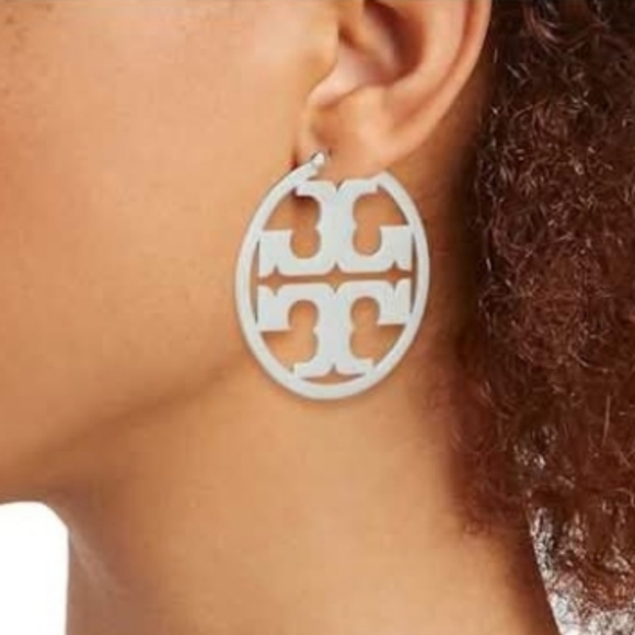 Tory Burch Miller Silvertone Logo Hoop Earrings - Picture 2 of 5